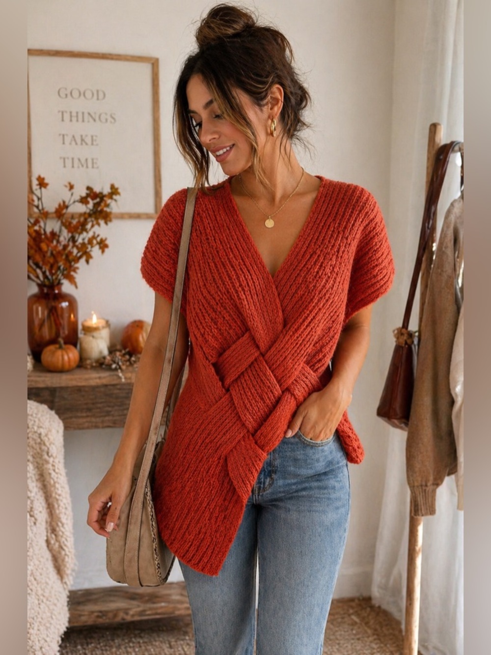 Escio Rust Textured Knit Wrap Sweater Top Size M